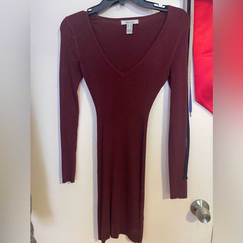 Burgundy V Neck Bodycon Dress